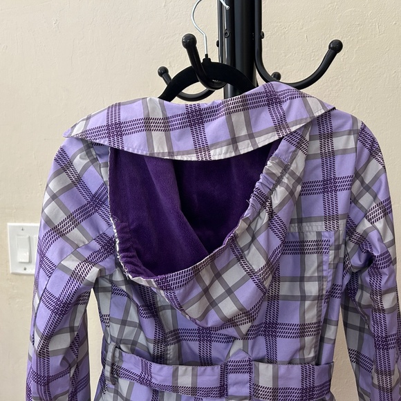 Purple lavender grey plaid belted fitted fleeced lined hooded winter jacket - Picture 8 of 16